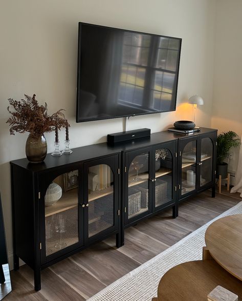 We are obsessed with how @melinamblan styled her Mason cabinets! 😍 Black Tv Unit, Nathan James, Tv Unit Decor, Black Tv, Tv Unit, Tv Wall, Vision Board, Sweet Home, New Homes