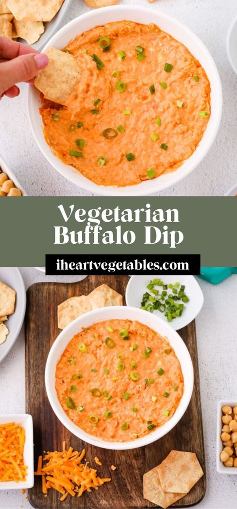 This cheesy buffalo dip is made with chickpeas instead of chicken! This spicy vegetarian side dish is perfect for game day! Vegetarian Buffalo Chicken Dip, Vegetarian Buffalo Dip, Buffalo Chickpea Dip, Vegetarian Buffalo, Chickpea Dip, Vegetarian Dip, Vegetarian Side Dish, Buffalo Chickpea, Buffalo Dip