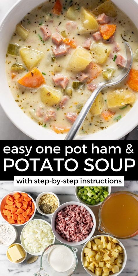 This creamy one-pot ham and potato soup is the perfect way to use up leftover ham from the holidays! It's loaded with tender potatoes, diced ham, and plenty of veggies in a creamy herb-filled broth. It's the perfect cozy dinner for a busy weeknight! Ham Potato Soup, Soup Ham, Potatoes And Ham, Ham Soup Recipes, Ham And Potato Soup, Ham Potato, Night Recipes, Leftover Ham Recipes, Ham Steaks