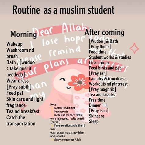 Muslim girl student routine Islam girl student routine #islamicroutine Save this pin and have a great day ..follow me for more support so i can post more😊✨✨✨💕 Islamic Day Routine, Islamic Routine For Students, Islamic Timetable For Students, Ramadan Routine For Students, Islamic Daily Routine Schedule, Muslimah Daily Routine, Muslim Night Routine, Islamic Morning Routine, Daily Routine Schedule Muslim