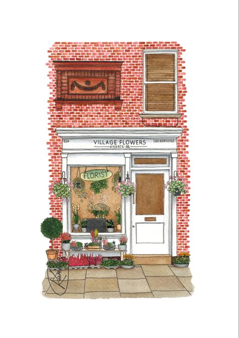 Watercolour painting of facade red bricks village flowers shop, London Shop Front Watercolor, Flower Shop Sketch, Shop Front Illustration, Town Doodles, Florist Drawing, Flower Shop Drawing, Flower Shop Painting, Flower Shop Illustration, Watercolour Buildings