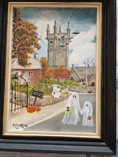 Thrifted ghost painting challenge Ghost Painting Ideas Thrift, Thrift Store Ghost Painting, Goodwill Ghost Painting, Thrifted Halloween, Thrift Spooky Painting, Cute Halloween Pictures, Thrifted Ghost Painting, Ghost Thrifted Painting, Horror Crafts