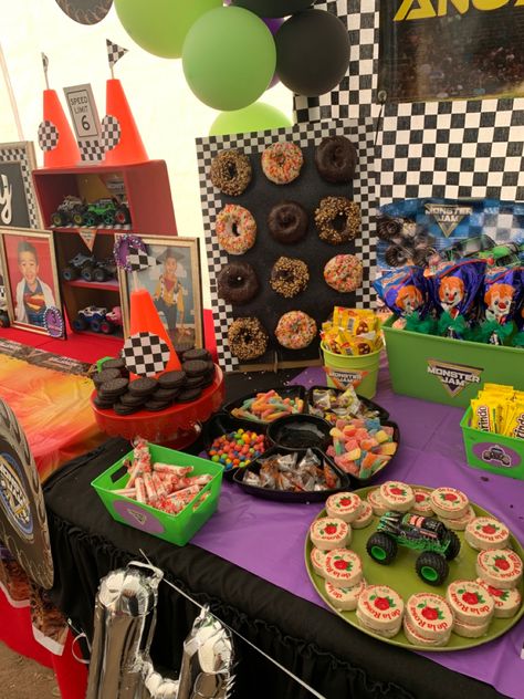 Monster Truck Candy Table, Monster Jam Treat Table, Monster Truck Treat Table, Monster Jam Birthday Backdrop, Truck 3rd Birthday Party, Monster Truck 3rd Birthday Party, Monster Jam Party Decorations, Monster Truck 3rd Birthday, Monster Truck Theme Birthday Party