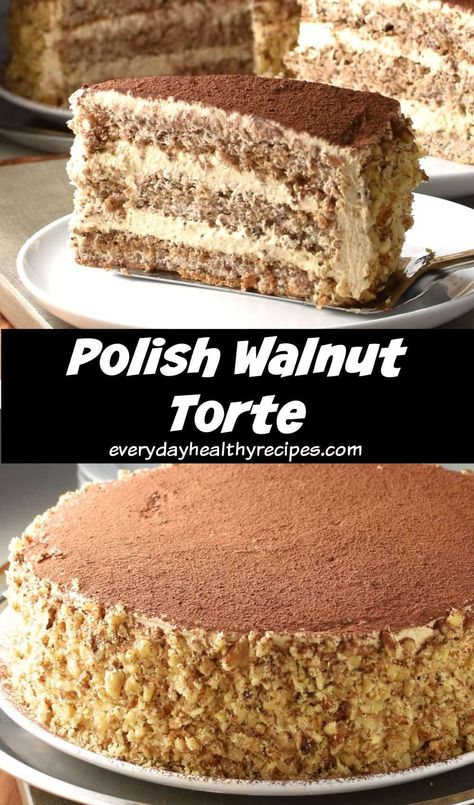 Side view of walnut torte on white plate. Walnut Sponge Cake, Nut Torte Cake, Nutty Cake Recipes, Walnut Cream Cake, Easy Walnut Cake, Romanian Walnut Buttercream Cake, Sponge Cake Flavours, Polish Cake Recipes, Walnut Deserts