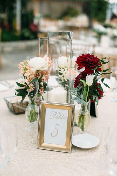 romantic modern centerpiece - photo by Brae Howard Photography http://ruffledblog.com/sophistication-and-elegance-at-horticulture-center Small Flower Vase Centerpiece, Dahlia Wedding Flowers Centerpieces, Burgundy Bud Vase Centerpiece, Minimal Centerpiece Wedding, Bud Vases Wedding Centerpiece, Centerpieces Simple, Weddings Decorations Elegant Romantic, Garden Wedding Centerpieces, Wedding Ideas On A Budget