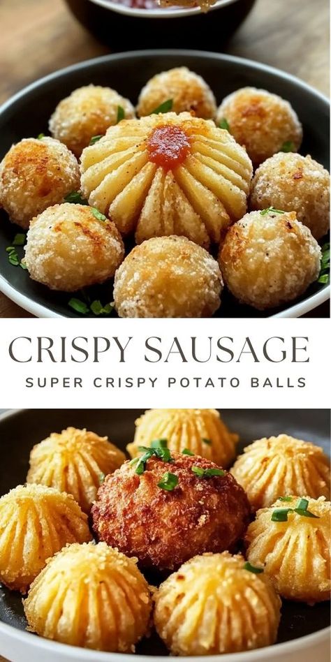 Super Crispy Sausage Potato Balls Ingredients: 4 medium-sized potatoes, boiled and mashed 4 sausages, cut into small pieces or kept whole for stuffing 3 tablespoons potato starch Salt, to taste Pepper, to taste #Crispy #Balls Crispy Sausage, Potatoes And Sausage, Sausage Potato, Potato Balls, Stuffed Potato Balls, Sausage Potatoes, Potato Starch, 15 Minute Meals, How To Make Sausage