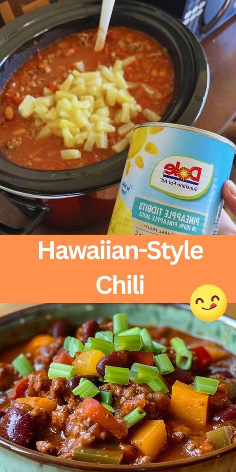 Discover the flavors of the tropics with our irresistible Hawaiian-style chili recipe! Bursting with savory ground beef, sweet pineapple, and a medley of aromatic spices, this dish puts a delicious twist on classic comfort food. Whether you're planning a themed party or just want to spice up your weeknight dinner, this recipe is a must-try. Pineapple Chili 12 Tomatoes, Hawaiian Style Chili, Hawaiian Chili Recipe, Pineapple Chili Recipe, Pineapple Chili, Hawaiian Chili, Chili Beans, Winter Warmers Recipes, Stuffing Casserole