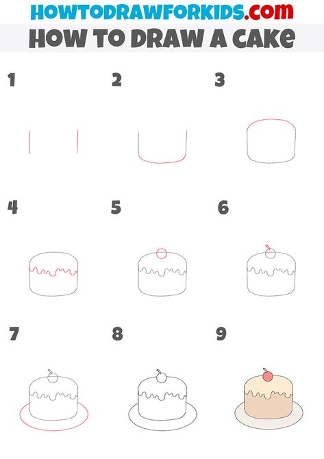 How To Draw Desserts, How To Draw Desserts Step By Step, How To Draw Sweets Step By Step, How To Draw A Cake Easy, How To Draw Cake, Cake Drawing Easy, Cute Birthday Cake Drawing Easy, How To Draw A Slice Of Cake, How To Draw A Birthday Cake