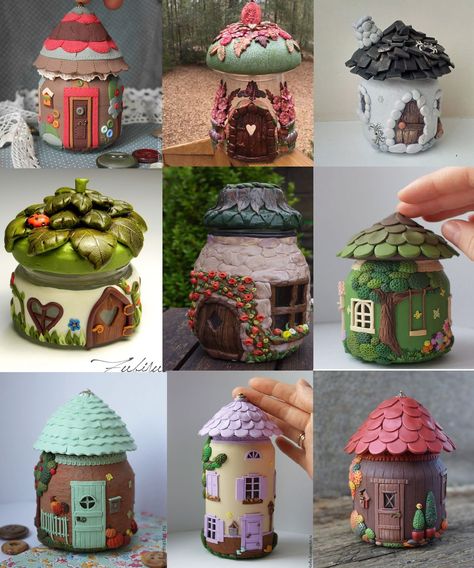 Hand picked polymer clay tutorials: Flowers, Jewlerry, Office decor, Preasents, Sweets, Wedding and much more. Kaktus Dan Sukulen, Polymer Clay Kunst, Clay Box, Clay Fairy House, Polymer Clay Fairy, Clay Jar, Fairy House Diy, Fairy Garden Crafts, Mushroom Fairy