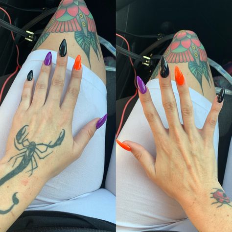 Halloween Nails Purple Green Orange, Pyramid Nail Colors, Purple Green Orange Nails, Orange Purple Green Nails, Green And Purple Nails Halloween, Black Purple And Orange Nails, Orange And Purple Nails Ideas, Black Orange Purple Nails, Orange And Purple Nails Halloween