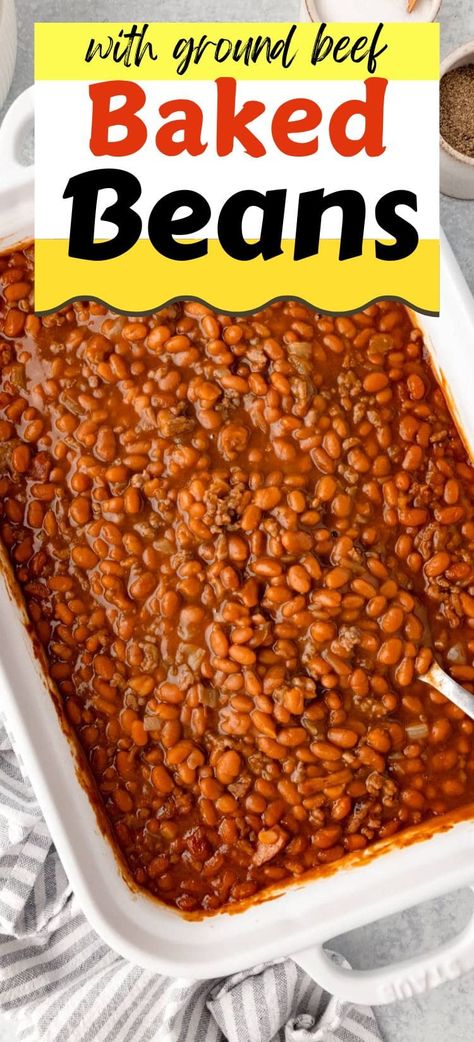 These Hearty Baked Beans with Ground Beef are a filling and flavorful twist on the classic side dish. Loaded with savory beef, smoky bacon, and a touch of sweetness, they’re the perfect addition to any BBQ or potluck! Baked Beans From Canned Beans With Ground Beef, Bbq Baked Beans With Ground Beef, Bbq Beef Recipes, Loaded Baked Beans, Ground Beef Baked Beans, Baked Beans With Ground Beef, Beans With Ground Beef, Chicken Bacon Recipes, Baked Beans Crock Pot