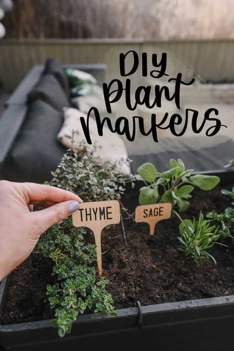 Plant Markers Diy, Patio Goals, Backyard Furniture Diy, Patio Herb Garden, Herb Garden Markers, Garden Plant Markers, Container Herb Garden, Diy Marker, Diy Herb Garden