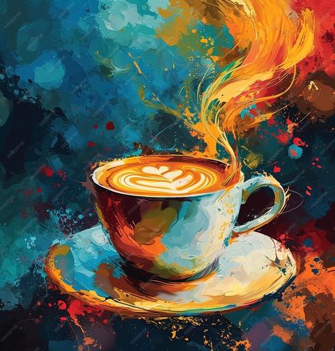 Premium Photo | Symphony of taste vibrant illustration of a steaming coffee cup on a colorful abstract background Coffee Cup Artwork, Coffee Mug Painting Ideas Canvas, Coffee Painting Abstract, Coffee Cup Art Paintings, Simple Coffee Painting Ideas, Coffee Poster Design Graphics, Cafe Illustration Art, Cup Of Coffee Painting, Cup Of Coffee Illustration