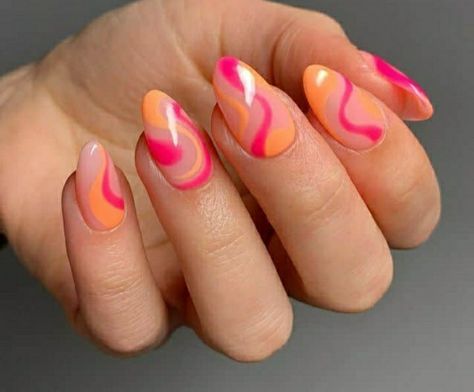 Fun Nail Designs, Almond Nails Pink, Orange Acrylic Nails, Pink Summer Nails, Orange Nail Designs, Orange Nail, Summer Gel Nails, Tropical Nails, Broken Nails