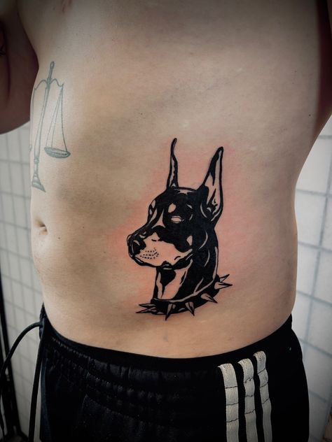 Doberman Patchwork Tattoo, Doberman Stomach Tattoo, Doberman Neck Tattoo, Doberman Tattoo Stencil, Doberman Leg Tattoo, Doberman Pinscher Tattoo, Doberman Tattoo Ideas, Traditional Doberman Tattoo, Underdog Tattoo