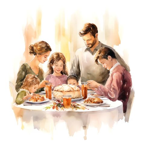 Premium Photo | Beautiful Family giving thanks at the table watercolor clipart illustration Family Drawing Ideas, Family Photo Aesthetic, Family Illustration Art, Scared Ghost, Family Drawing Illustration, Exotic Desserts, Family Illustrations, Family Watercolor, Watercolor Family