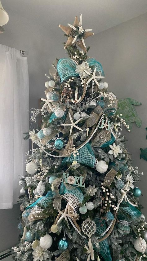 Beachy Christmas Decor, Beachy Christmas Tree, Mermaid Christmas Tree, Nautical Christmas Ornaments, Aqua Christmas, Beach Christmas Trees, Beach Christmas Decorations, Coastal Christmas Tree, Turquoise Christmas