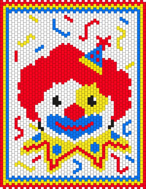 Clowncore Banner Kandi Pattern Clowncore Banner, Miku Kandi, Kandi Panel, Clown Kandi, Kandi Cuff Patterns Hello Kitty, X Base Cuff Kandi, Kandi Cuff Patterns Clown, Cuff Pattern Kandi, Photo Pattern