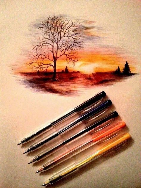 Sunset Sketch, Simple Sunset, Stylo Art, Watercolor Pens, Drawing Eyes, Sketches Pencil, Pot Filler, Amazing Paintings, Piece Of Paper