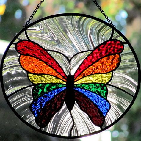 Living Glass Art: Stained Glass Rainbow Butterfly~~new and ... Rainbow Aesthetics, Stained Glass Rainbow, Stained Glass Patterns Free, Glass Art Pictures, Stained Glass Birds, Stained Glass Butterfly, Wine Glass Art, Stained Glass Decor, Stained Glass Ornaments