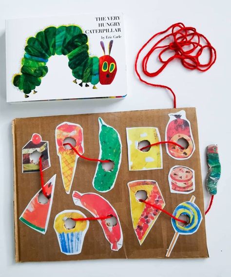 The Very Hungry Caterpillar Activities Pre K, The Very Hungry Caterpillar Kindergarten, Hungry Hungry Caterpillar Activities, Book With Craft Preschool, Diy Lacing Activity, Preschool Lacing Activities, Caterpillar Activity Preschool, The Very Hungry Caterpillar Activities For Toddlers, The Very Hungry Caterpillar Activities For Preschoolers