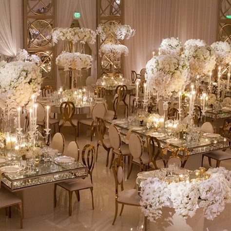 Stunning white wedding, check out the fabulous glass tables ~ Details Details Wedding and Event Planning Beverly Hills Wedding, Luxury Weddings Reception, Beautiful Wedding Reception, Glamorous Wedding, Wedding Event Planning, Wedding Reception Decorations, Wedding Themes, Reception Decorations, Gold Wedding