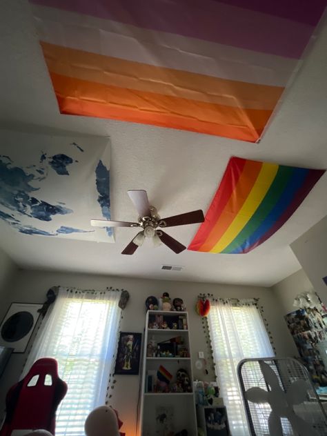 Pride Flag Aesthetic Room, Lesbian Flag Bedroom, Pride Flags In Bedrooms, Lgbtq Room Decor, Pride Flag On Ceiling, Room Makeover, Room Inspo, Room Inspiration, Ceiling Lights