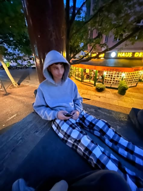 Boy grey hoodie, Boy Pyjama pants, boy pj’s, outside, dark, night, brown haired boy, berlin core, germany, awstehtic photo inspiration, couple picture Boys Pyjamas Outfit, Pajama Pants Outfit For School Men, Comfy Home Outfits Men, Guy Pajamas Aesthetic, Men Chill Outfit, Pjs Outfits Men, Pyjamas Aesthetic Men, Pajama Pants Outfit Men, Guy Pjs