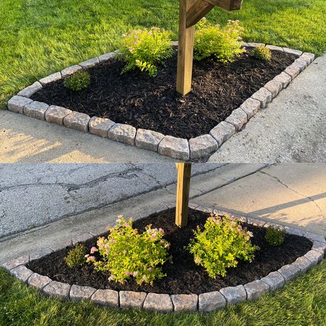 Corner Mailbox Landscaping, Address Stone Landscaping, Tree Stump Cover Up Ideas, Backyard Diy Ideas Cheap, Mailbox Landscape, Landscaping Around Mailbox Ideas, End Of Driveway Landscaping, Mailbox Flower Bed Ideas, Easy Curb Appeal Ideas