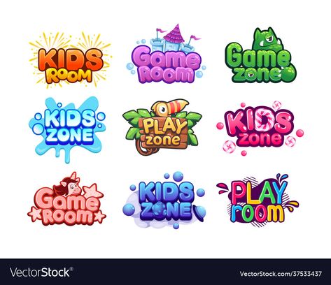 Play room logo. Kids zone animation flags. Child amusement region. Fun action jungle gym stickers set. Beautiful confined identifications with unicorn or beast and splendid lettering. Vector den signs.. #stickerpack #scrapbooking #stickercollection #stickersheets #stickerset Room Logo, Toys Logo, Playroom Signs, Colorful Logo Design, Kids Logo Design, Logo Application, Entertainment Logo, Game Logo Design, Game Ui Design