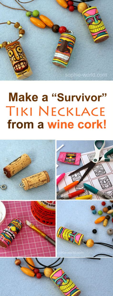 Learn how to make an easy diy tiki god necklace from a recycled wine cork with this video craft tutorial. Perfect for a luau, tiki party or Survivor TV show themed party. Learn how on sophie-world.com Survivor Crafts, Survivor Party, God Necklace, Hawaii Party, Luau Theme, Cork Art, Luau Birthday, Wine Cork Crafts, Tiki Party