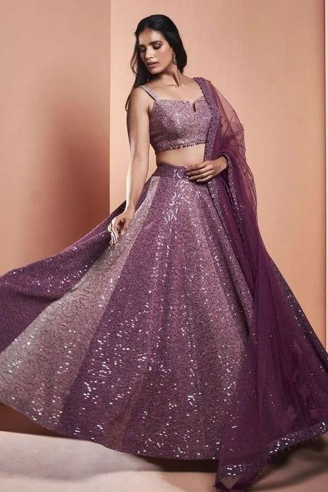 Purple Lehenga For Engagement, Shimmer Lehenga Indian Weddings, Sequence Lehenga Blouse Designs, Shimmer Lehenga Designs, Sequence Lehenga Designs, Jewellery For Purple Lehenga, Purple Lehnga Design, Sequence Lehenga Party Wear, Combination With Purple Lehnga