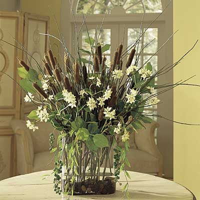 Cat tail arrangement.  Not sure of the source. Cat Tail Bouquet, Cat Tails Wedding Decor, Cat Tail Centerpieces, Cat Tail Arrangements, Cat Tail Floral Arrangements, Cattail Flower Arrangement, Cat Tail Wedding Decor, Cattail Arrangement, Cattail Centerpieces