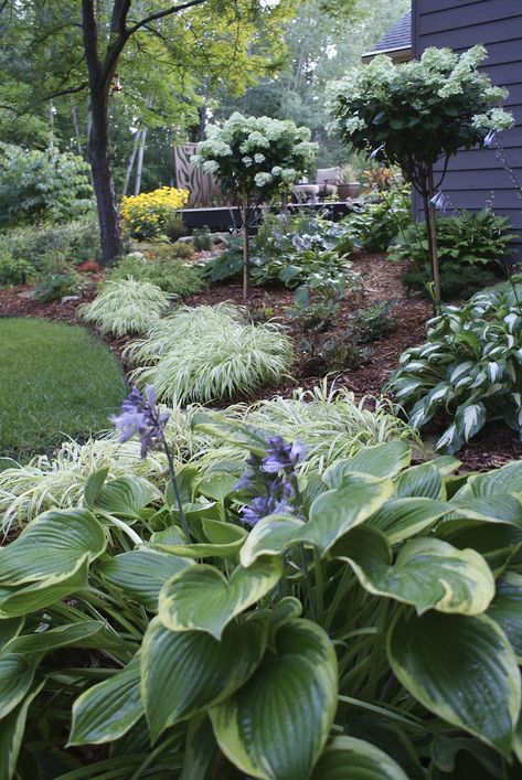 Shade Garden Formal Shade Garden Design, Partial Shade Border Garden, Tiered Shade Garden, Shade Border Garden Plan, Front Landscaping Design, Perinneal Garden Plan Shade, Shade Perennial Garden, Front Porch Landscape, Small House Garden