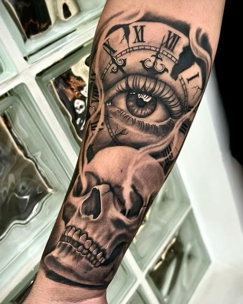 Eye Sleeve Tattoo, Skull Clock Tattoo, Papa Tattoo, Realistic Eye Tattoo, Arm Tattoos Black, Arm Tattoos For Guys Forearm, Third Eye Tattoos, Cool Half Sleeve Tattoos, Half Sleeve Tattoos Drawings