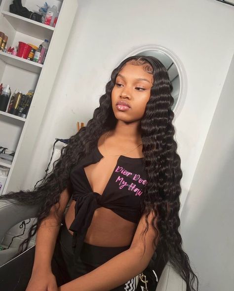 Baddie Crimped Hair, Black Wig With Crimps, 30 Inch Wig With Crimps, Hair With Crimps, Crimped Hair Middle Part, Buss Down Middle Part With Crimps, Long Hair With Crimps Black Women, Hair Crimps Black Women, Crimped Middle Part Sew In