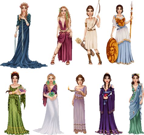 Greek Goddesses by LadyAraissa on DeviantArt Greek Goddess Outfit, Greek Mythology Costumes, Greek Mythology Dress, Mythology Costumes, Greece Dress, Sirens Fashion, Greek Dress, Greek Goddesses, Greek Costume