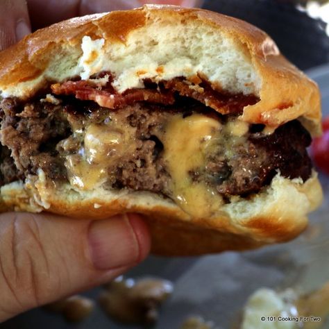 Grilled Juicy Lucy Burgers from 101 Cooking For Two Easy Indian Food Recipes, Jucy Lucy, Juicy Lucy Burger, Recipes To Make At Home, Juicy Lucy, Chicken Curry Recipe, Cooking App, Griddle Grill, Easy Indian Recipes