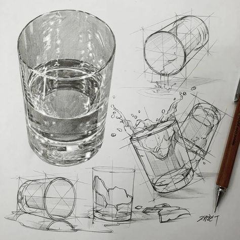 Sketches Landscape, Glasses Drawing, Water Sketch, Aesthetic Reference, Structural Drawing, Perspective Drawing Lessons, Shapes Art, Realistic Drawing, Art Time