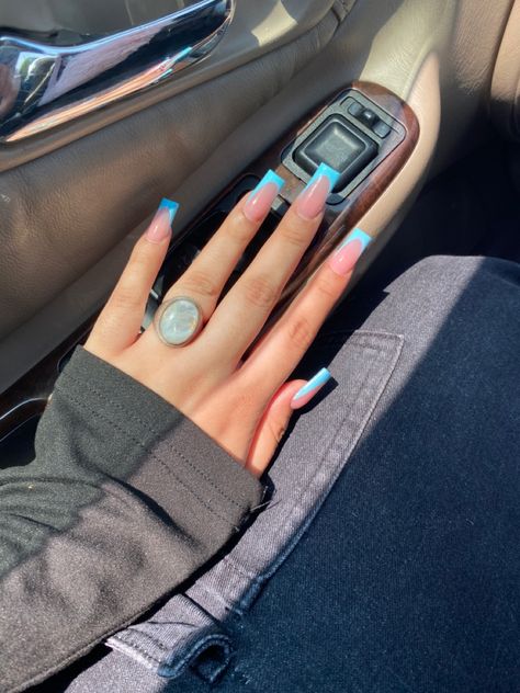 nails french tip blue pink Nail French Tip Blue, Sky Blue French Tip Nails Square, Light Blue Acrylic French Tips, Long Square Acrylic Nails Summer, Light Blue French Tips Square, Light Blue French Tips Coffin, French Tip Color, Teal French Tip Nails Turquoise, Square Nails Summer