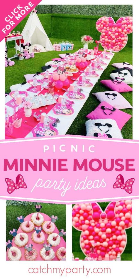 Minnie Mouse Outdoor Party Ideas, Outdoor Minnie Mouse Birthday Party, Minnie Mouse Table, Birthday Minnie Mouse, Daisy Birthday, Picnic Birthday Party, Birthday Picnic, Minnie Birthday Party, Girls Birthday Party Themes