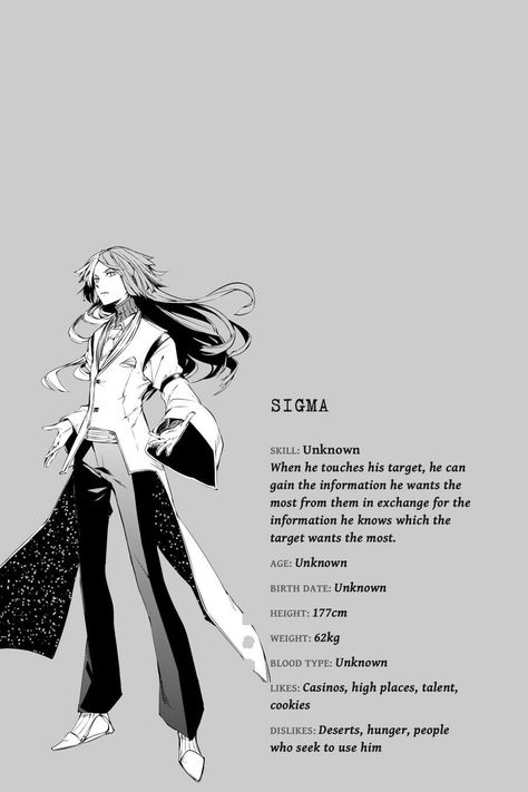 Sigma Bsd Character Sheet, Bsd Characters Profile, Bsd Character Profile, Bungo Stray Dogs Characters, Bungo Stray Dogs Sigma, Sigma Profile, Bungo Stray Dogs Oc, Sigma Bungou Stray Dogs, Sango Harukawa