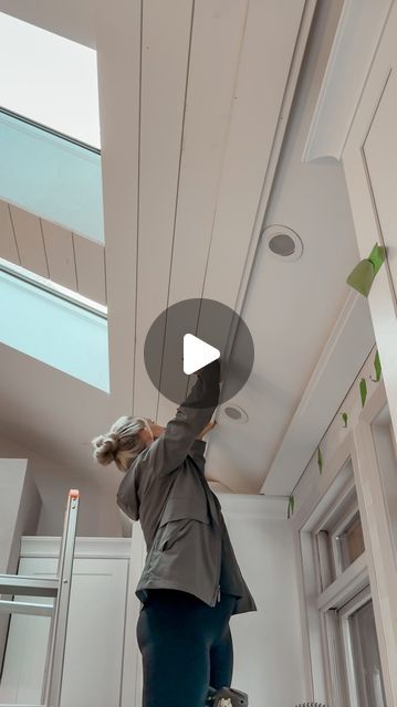 Amanda Vernaci | Come Stay Awhile on Instagram: "KITCHEN PHASE TWO 🏁 Follow along @comestayawhile and meet me in stories where I’ll teach you as I go so you can learn from my mistakes!

I’m adding a feature to the vaulted ceiling 😍 my plan is to add white shiplap and then will build custom faux beams! Even though I’m not finished yet… I can picture it!!! It’s going to be STUNNING!

Should I still add the beams or just leave it with just the shiplap? 🤔 

Inspo: @making_highview_home 
#kitchenrenovation #homeimprovement #diyhomeprojects #shiplap" Shiplap Ceiling Trim Ideas, How To Plank Ceiling, Coffered Vaulted Ceiling, Shiplap Kitchen Ceiling, Shiplap Ceiling Kitchen, Shiplap Ceiling Vaulted, Shiplap Ceiling With Beams, Shiplap Vaulted Ceiling, Ceiling Trim Ideas