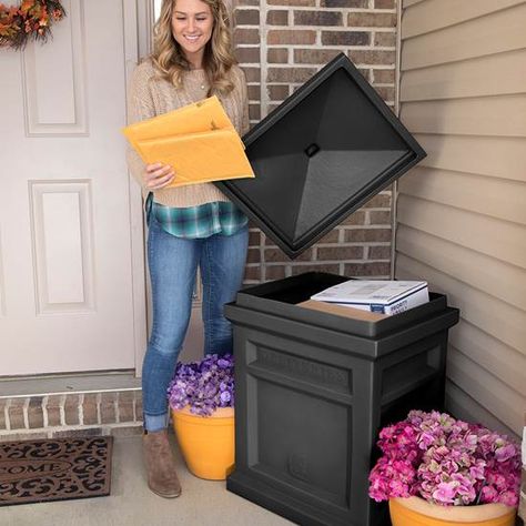 Express Package Delivery Box - Black | Step2 Drop Box Ideas, Porch Boxes, Parcel Drop Box, Mailbox Makeover, Mailbox Landscaping, Mounted Mailbox, Parcel Delivery, Outdoor Toys For Kids, Drop Box