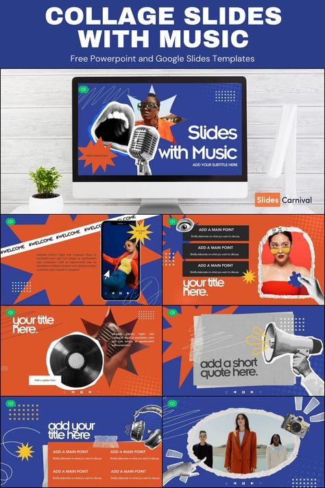 Looking to captivate your audience? This slideshow template is perfect for everyone from students to professionals. Crafted in a vibrant maximalist collage style with striking blue and orange hues, it’s designed to make your content pop. Ideal for project pitches, classroom presentations, or any occasion where you need that extra flair. Plus, the seamlessly integrated music will keep your viewers engaged from start to finish. Transform your ideas into a dynamic visual experience today! Music Presentation Template, Collage Presentation Design, Maximalist Collage, Collage Presentation, Canva Presentation Ideas, Orange Maximalist, Orange Presentation, Music Presentation, Vibrant Maximalist