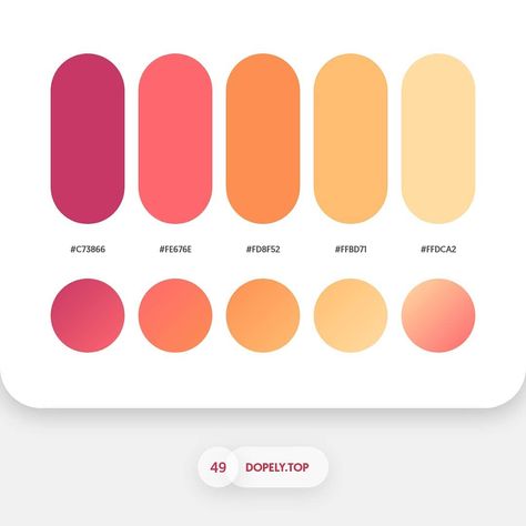 Dopely Colors #49 C73866 • FE676E • FD8F52 • FFBD71 • FFDCA2 - Gradients Setting Rotatio Flat Color Palette, Gradient Color Design, Pantone Colour Palettes, Color Palette Design, Color Balance, Color Psychology, Color Studies, Colour Tint, Color Inspo