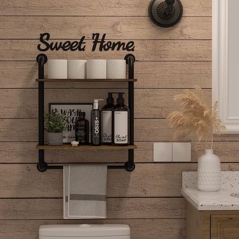 Retro Rustic Industrial Style: The rustic wood wall shelf for bathroom with industrial pipes adds a touch of vintage farmhouse to your home. "Sweet Home" decorating logo also brings an atmosphere of warm sweet home. You can decide whether to assemble the "Sweet Home" decorating logo or not. Pipe Shelving, Shelves Over Toilet, Bathroom Shelves Over Toilet, Floating Shelf Decor, Decor For Bathroom, Word Decor, Industrial Pipe Shelves, Floating Shelves Bathroom, Bathroom Wall Shelves