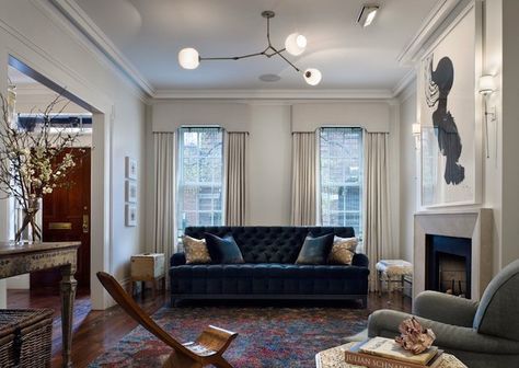 Chic living room with gray linen cornice box with gray curtains window panels, blue velvet tufted . Box Valance, Pelmet Box, Formal Lounge, Velvet Tufted Sofa, New Victorian, Blue Velvet Sofa, Living Room Update, Window Dressing, Bar Room