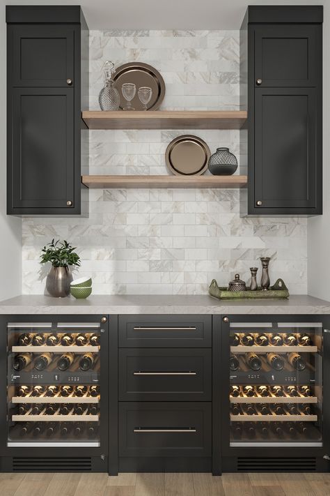 Wine Bar Tile Backsplash, Charcoal Cabinets Wet Bar, Tile Backsplash Bar Area, Dry Bar Tile Backsplash, Tile Behind Wet Bar, Bar With Quartz Backsplash, Bar With Black Backsplash, Wine Bar Backsplash Ideas, Wet Bar With Glass Shelves