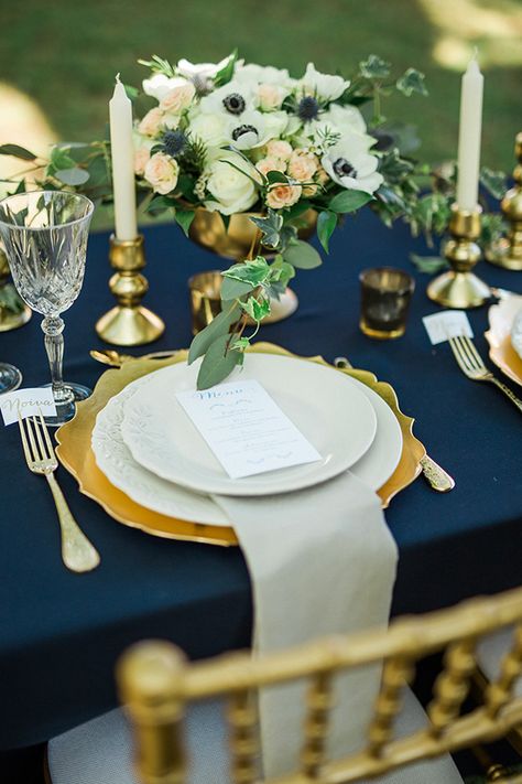 Champagne Gold And Navy Blue Wedding, Blue And Gold Place Setting, Navy And Gold Wedding Decorations, Blue And Gold Tablescape, Royal Blue And Gold Wedding Decorations, Dark Blue And Gold Wedding, Fisherman Wedding, Wedding Table Centerpieces Elegant, Navy And Gold Wedding